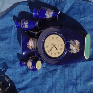 Cobalt Blue Vases&Mantle Clock with Gold Courting